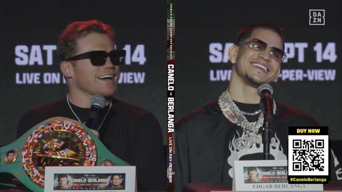Canelo Alvarez and Edgar Berlanga share a joke after Berlanga admits he had a dream about getting the Canelo fight: “He’s dreaming about me.” [🎥 DAZN Boxing]