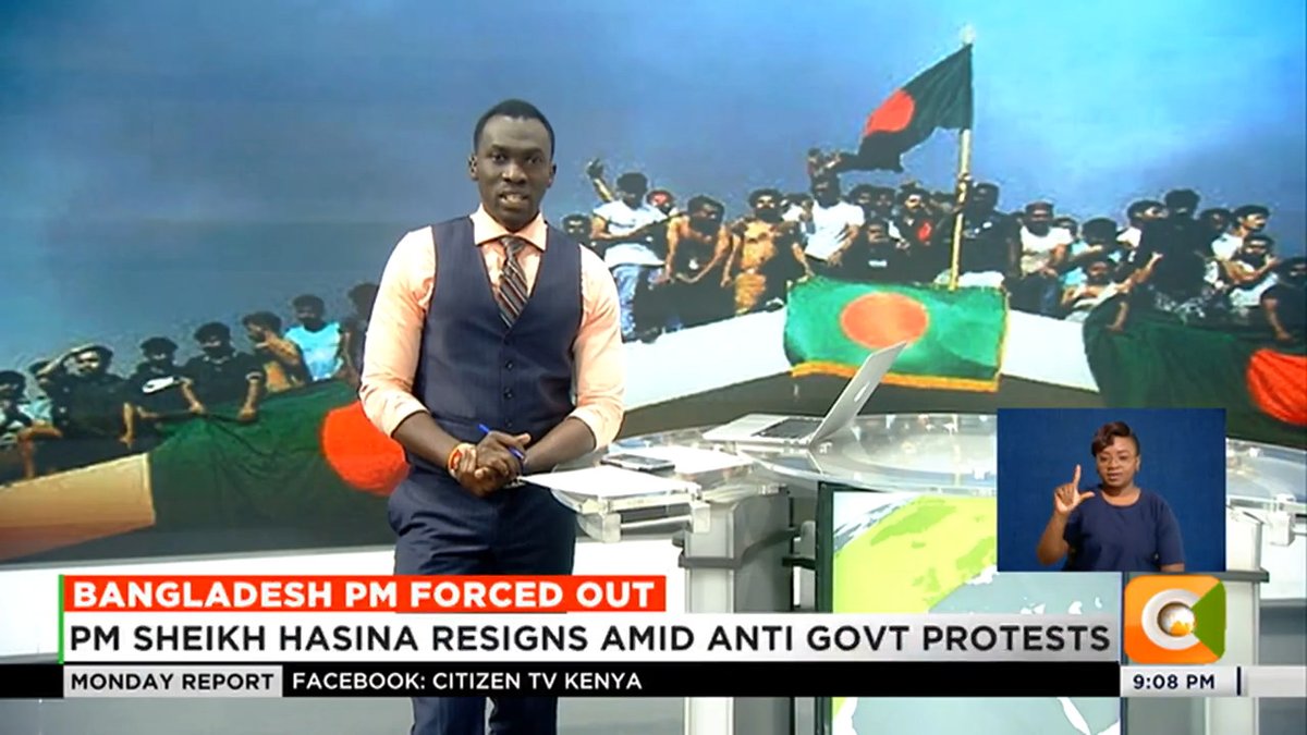 Bangladesh PM Forced Out: PM Sheikh Hasina resigns amid anti govt protests An army helicopter took her to safety At least 300 people killed in bloody protests Student led demos started over civil service job quotas #CitizenMondayReport Trevor Ombija, HSC