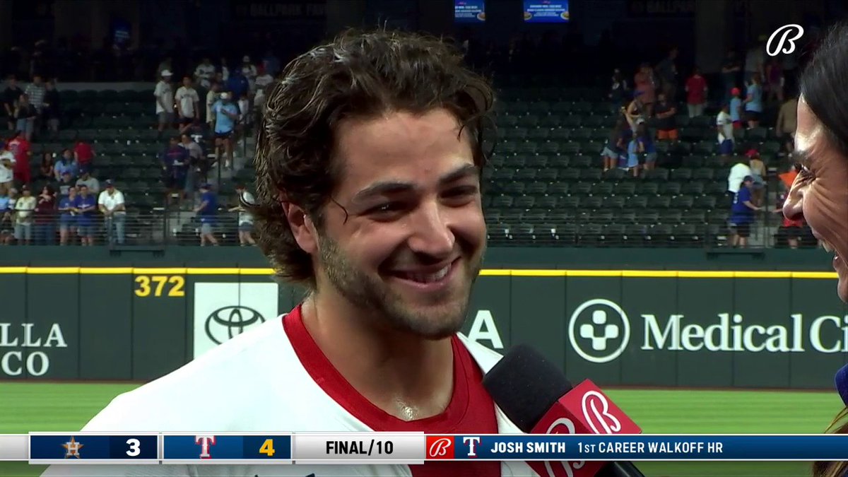 First ever walk-off home run at just the right time 🍿 Josh Smith joins the broadcast following his walk-off HR! Texas Rangers | #StraightUpTX | @BallySports 📺
