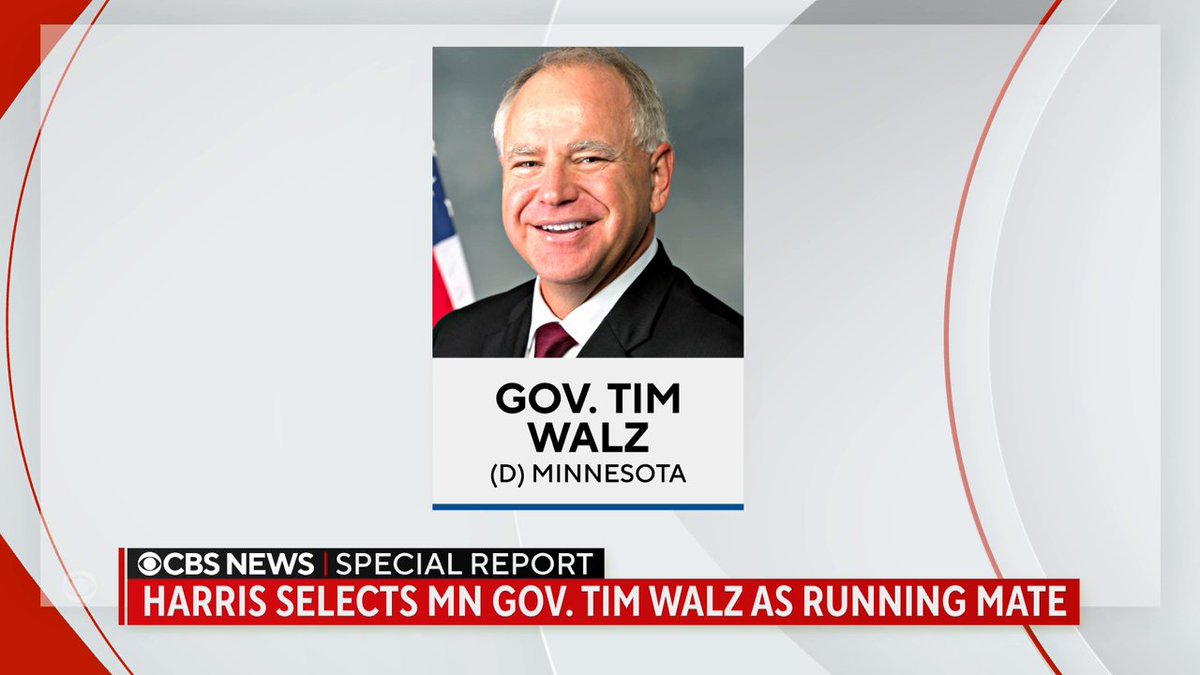 BREAKING: Vice President Kamala Harris has selected Minnesota Gov. Tim Walz as her vice presidential running mate, CBS News has confirmed.