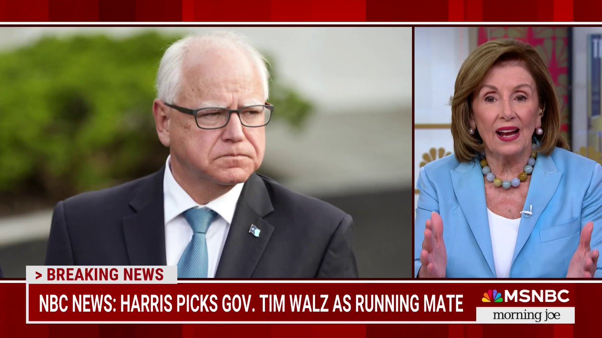 "Tim Walz is wonderful, and she had many good choices — I know [Walz] very well... and to characterize him as left is just so unreal. He's right down the middle. He's a heartland of America Democrat." — Nancy Pelosi on Tim Walz as Harris's VP pick