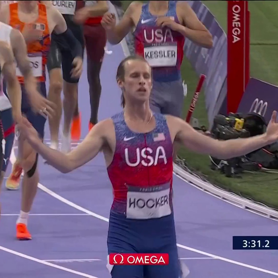 WOW. 😱 A STUNNING upset in the men’s 1500m as AMERICAN COLE HOCKER takes gold! #ParisOlympics