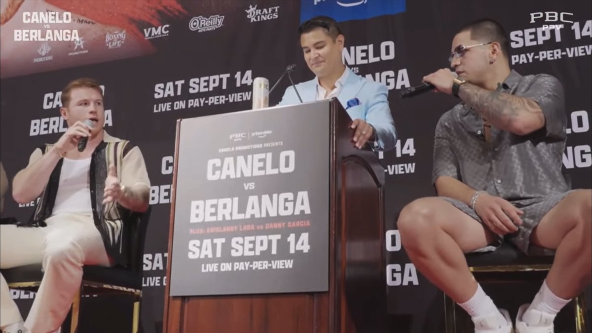 ‼️ Canelo Alvarez interrupts Edgar Berlanga and Caleb Plant going at it during their press conference today and tells Plant: "Caleb, take it easy, I'm gonna take care of him for you." [🎥 Premier Boxing Champions]
