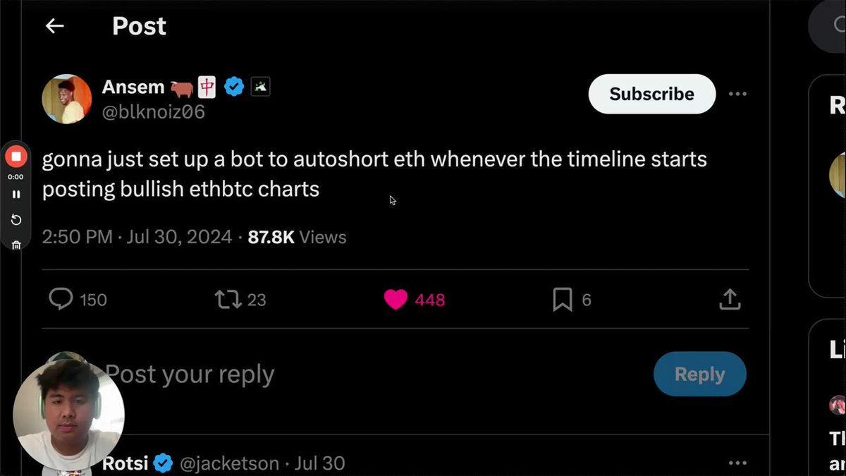 .Ansem 🐂🀄️ wanted a bot to automatically short ETH whenever the timeline starts posting bullish ETHBTC charts, so we built him an AI agent using Syntax V2 (launching soon). Here’s how you can build one too, even if you're new to this! A 🧵~