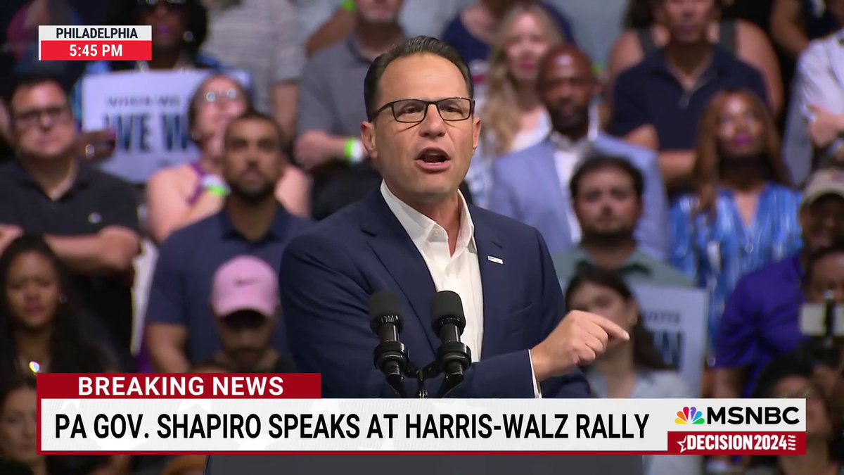 "Are you ready to look the next president of the United States in the eye and say hello Madam President?" Pennsylvania Gov. Josh Shapiro, one of VP Harris' finalists for a running mate, takes the stage in Pennsylvania to applause and cheers from supporters in the crowd.