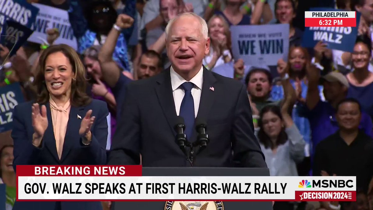 Minnesota Gov. Tim Walz takes the stage at the first Harris-Walz rally in Philadelphia. "There is no one you would rather go to a Springsteen concert in Jersey with than him," Gov. Walz says about Gov. Shapiro, who gave a fiery speech before Harris and Walz took the stage.