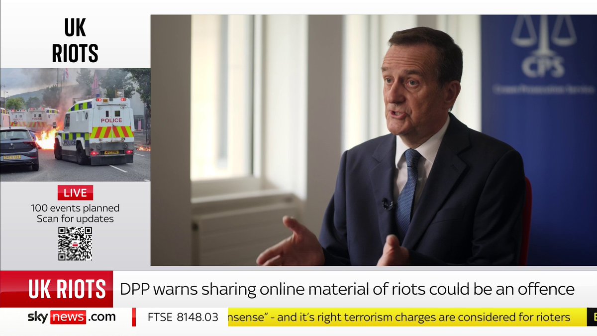 'We do have dedicated police officers who are scouring social media to look for this material, and then follow up with arrests.' The director of public prosecutions of England and Wales warns that sharing online material of riots could be an offence