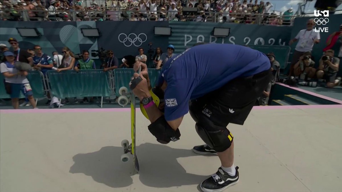 RESPECT. 🫡 51-year-old British skateboarder Andy Macdonald closes out his #ParisOlympics with a stellar run—and Tony Hawk approves.