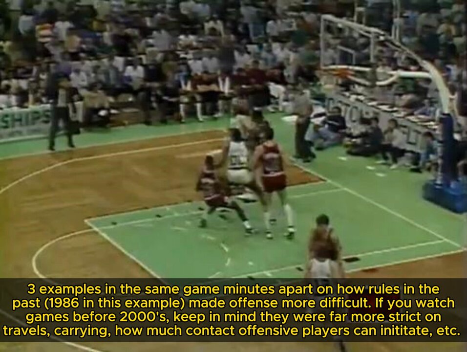 Educating the "Bron is the goat" crowd & Gen Z on how rules in the past made it more difficult for offensive players vs today. These 3 plays are minutes apart (late 4Q and OT) in the same game. Two travels that wouldn't be called today and an offensive foul that would not be called today but would possibly be a defensive foul and FTs! See my 1998 example for 17 fouls & travels of which 14 likely wouldn't be called today