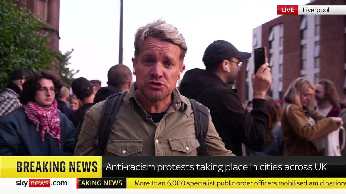 'People have come together to defend this asylum centre.' Hundreds from communities, churches, and unions have gathered outside an asylum centre in Liverpool, chanting 'migrants are welcome here' as part of UK wide counter-protests. 📺 Sky 501