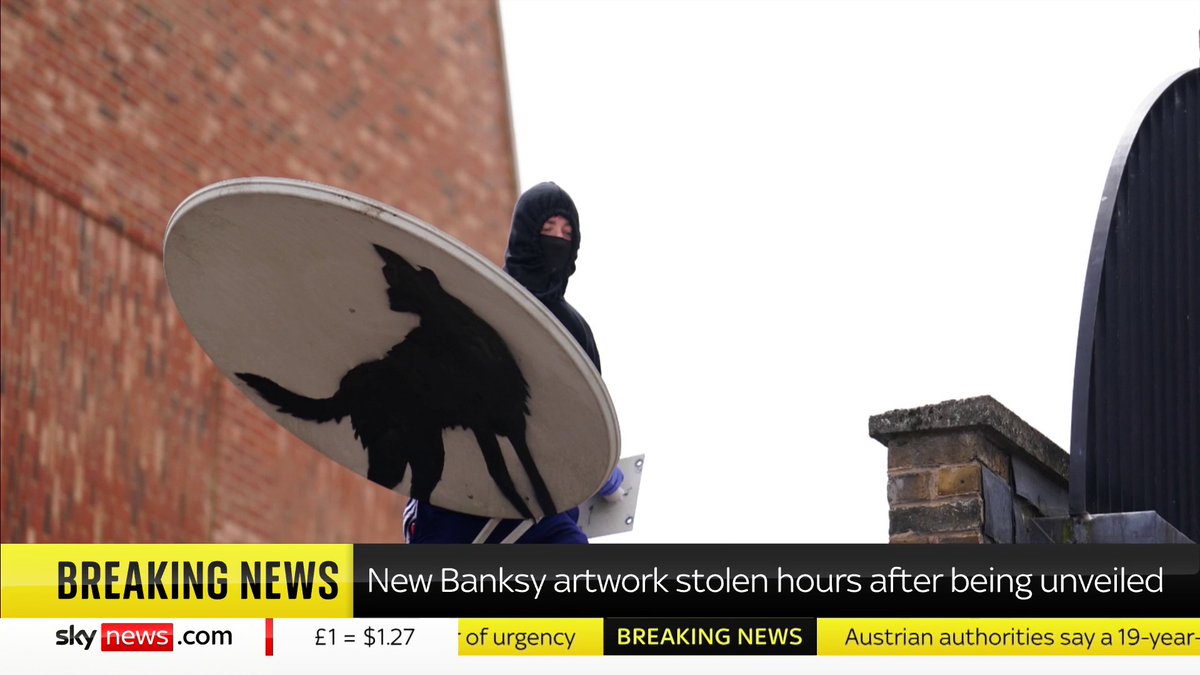 BREAKING: A new Banksy artwork has been removed by a person wearing a mask within hours of being unveiled. The wolf image was painted on a satellite dish on the roof of a building in Peckham, south London. Latest: 📺 Sky 501, Virgin 602 and YouTube
