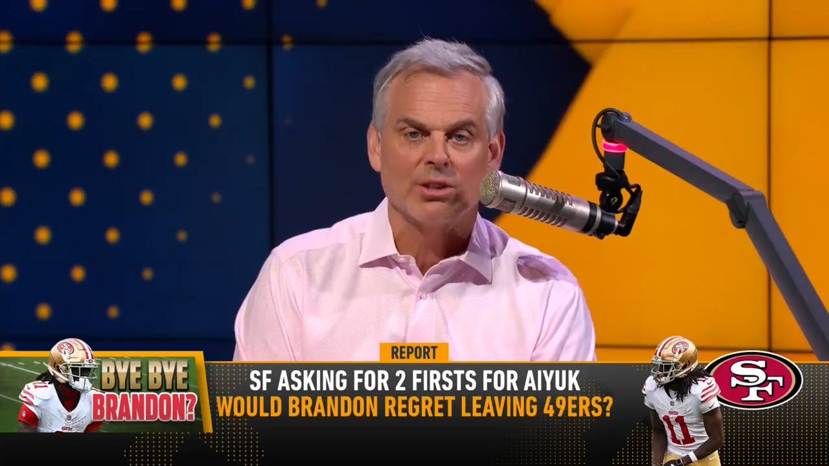 Colin Cowherd has a message for Brandon Aiyuk if he leaves the 49ers: "Tyreek Hill, remember when he mattered in January and February? Hey, but he got the bag. But he’s irrelevant when it matters now. He watches the games like all of us on television."