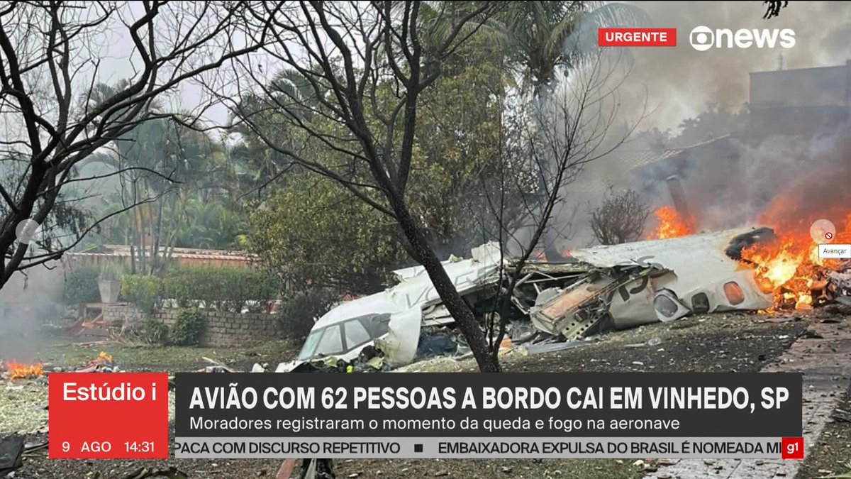 🚨ATENÇÃO: Fazia 17 anos que não ocorria um acidente com um avião comercial no Brasil. Havia 62 pessoas a bordo do avião da Voepass (Passaredo) que caiu em Vinhedo, no interior de São Paulo.