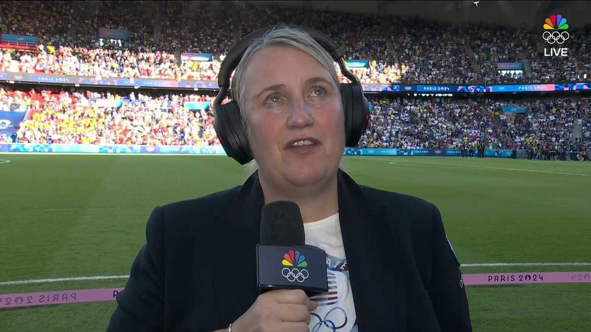 "I love America. It made me." An emotional Emma Hayes talks with Mike Tirico after achieving gold medal glory at the #ParisOlympics with the USWNT.