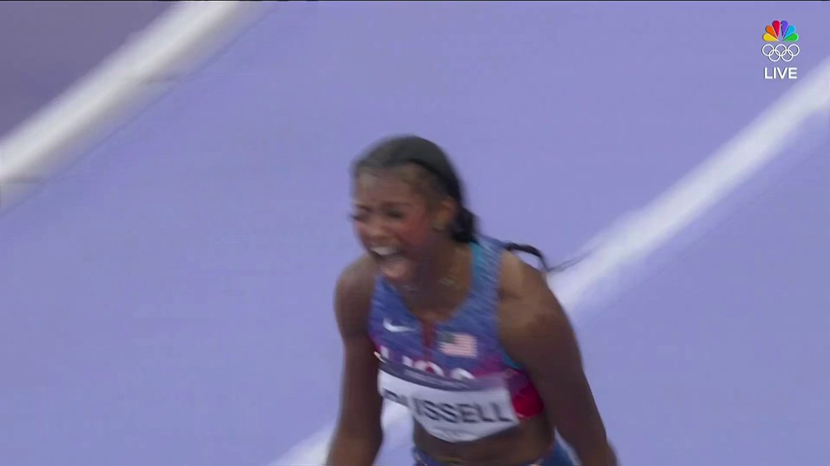 THE OLYMPIC DEBUTANTE IS AN OLYMPIC CHAMPION. Masai Russell wins 100m hurdles gold by .01 seconds! 🤯 #ParisOlympics 📺 NBC & Peacock