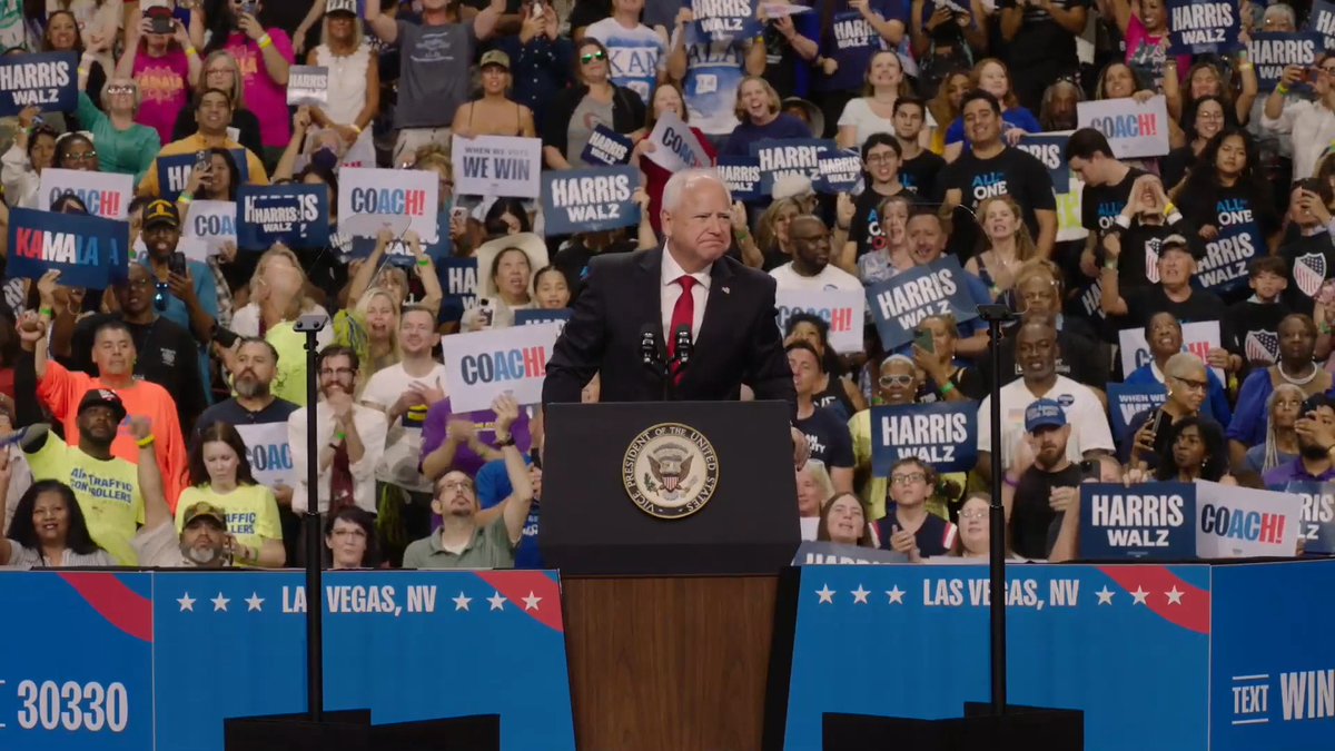 Chants of “USA, USA, USA,” fill an absolutely packed arena in Las Vegas, Nevada as Tim Walz speaks. This is surreal. This is all in the midst of one of the quickest falls in political history this close to an election for Donald Trump.