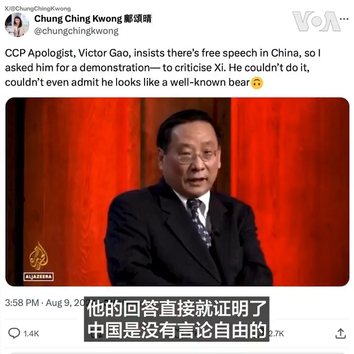 曾任邓小平的翻译、现为中国全球化智库副主任的高志凯日前参加半岛电视台节目时,流亡港人邝颂晴提问他可否行使言论自由,指出习近平过往五年最严重的错误。高志凯没有正面回应。节目片段在网络上疯传。邝颂晴接受美国之音采访时表示,高在节目中的发言证明中国没有言论自由。