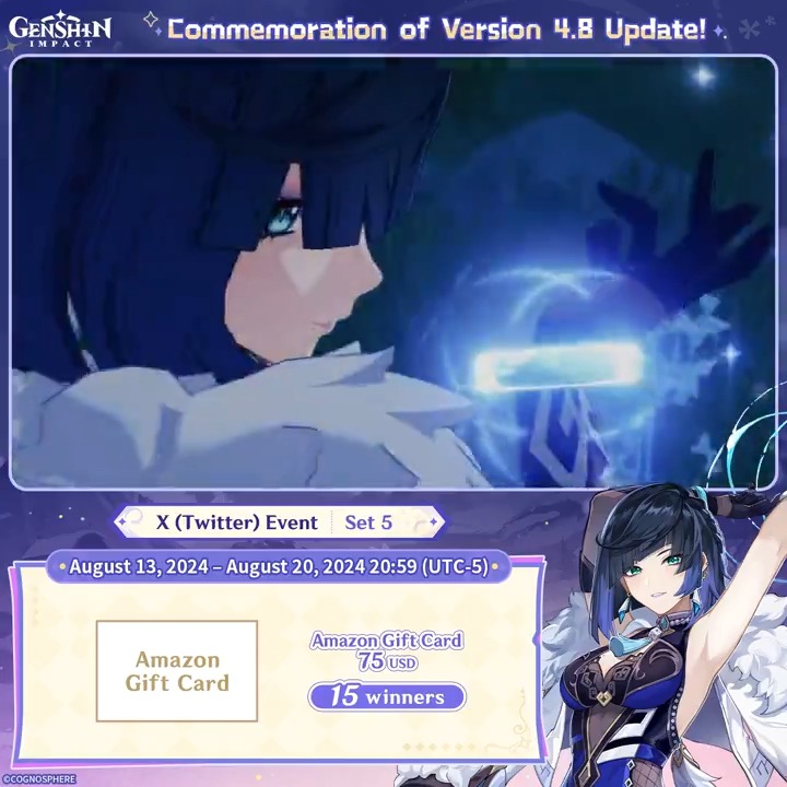 ✨Set 5✨ Commemoration of Version 4.8 Update 🎁Participate in the event for a chance to win a $75 Amazon gift card. How to Participate: ① Follow Genshin Impact ② Retweet this post You can instantly check the event results here>>> #GenshinImpact4ꓸ8