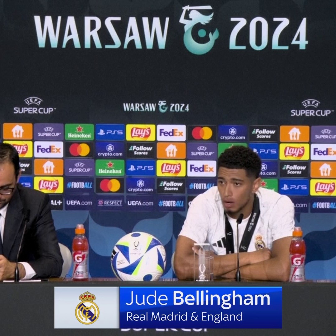 "I thought he was amazing before, I can't speak highly enough of him" 🇫🇷 Jude Bellingham praises new signing Kylian Mbappe after he scored on his debut in Real Madrid's 2-0 victory against Atalanta in the Super Cup last night ⚪