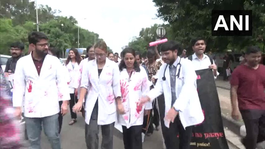#WATCH | Junior doctors and students protest at PGIMER, Chandigarh against the rape and murder of a woman resident doctor at Kolkata's RG Kar Medical College and Hospital.