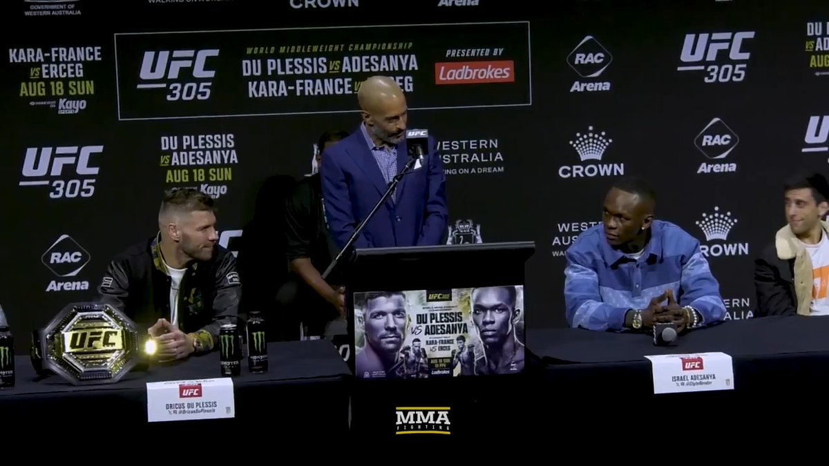 Dricus du Plessis: "I'm willing to die and take a life for this belt." Israel Adesanya: "F*ck the belt. I'm coming for your head."