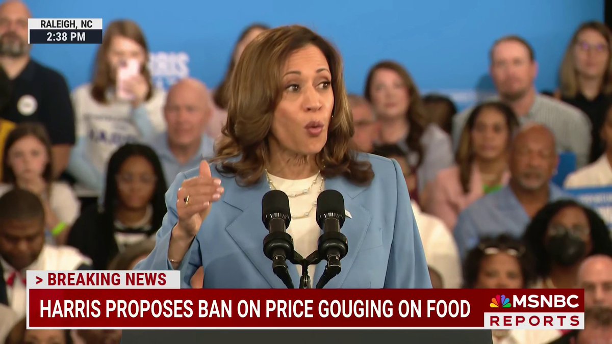 "My plan will include new penalties for opportunistic companies that exploit crises and break the rules, and we will support smaller food businesses that are trying to play by the rules and get ahead." Harris says she would work to pass first U.S. ban on price-gauging on food.