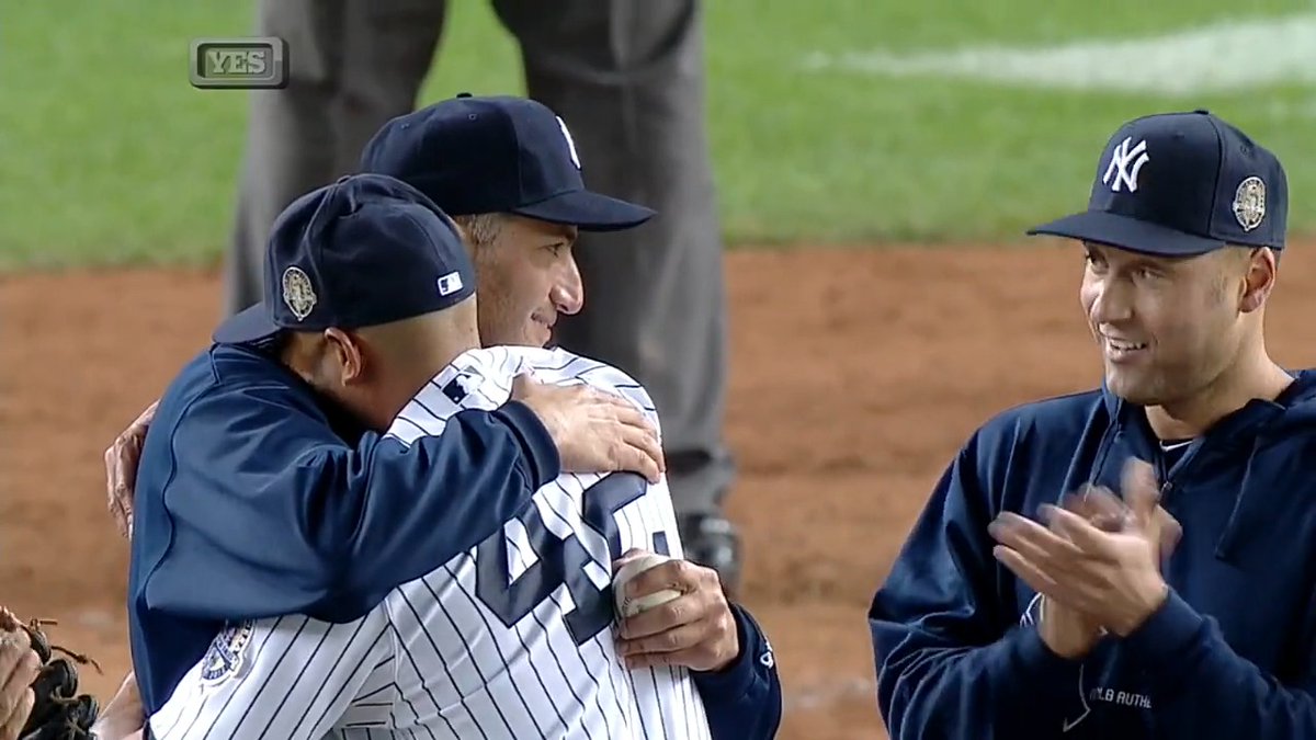 When Derek Jeter and Andy Pettitte went to the mound to take Mariano Rivera out for the final time.