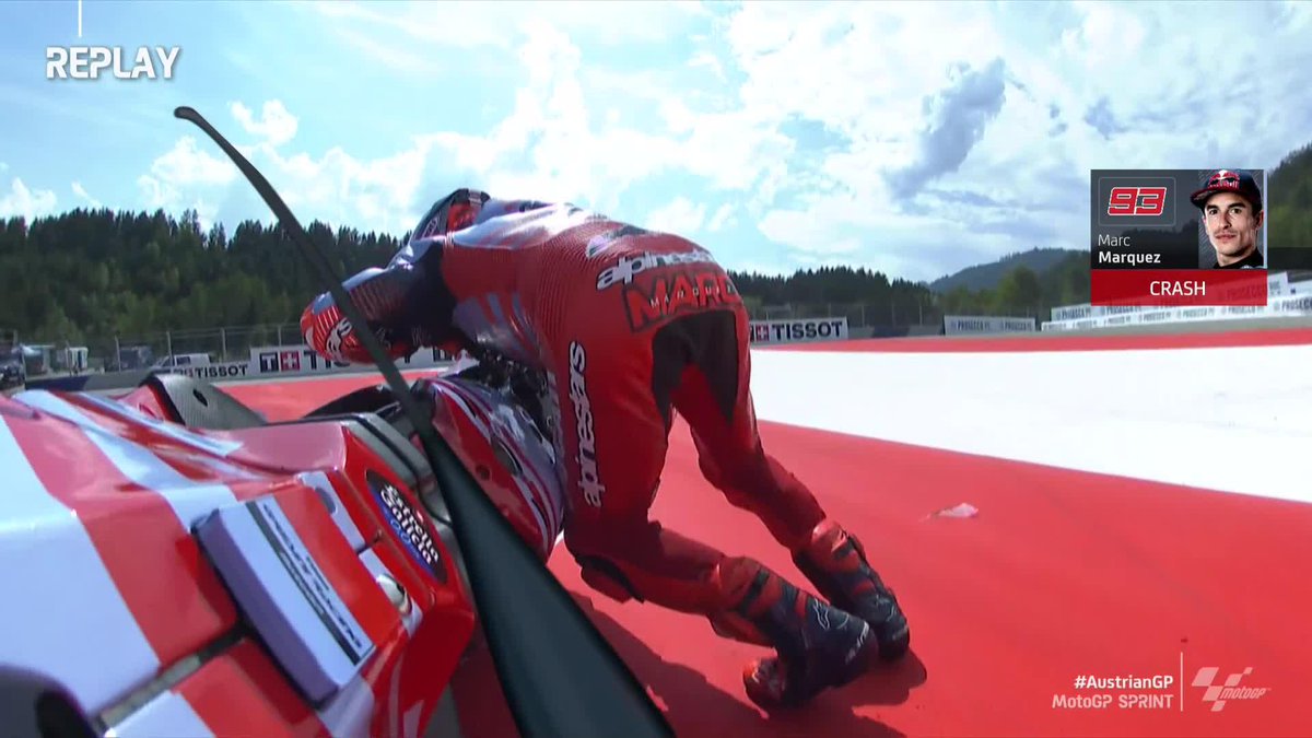 😱 💥 Marc Márquez HAS GONE DOWN! The Spaniard has dropped from 2nd to the back of the field 📉 #AustrianGP 🇦🇹