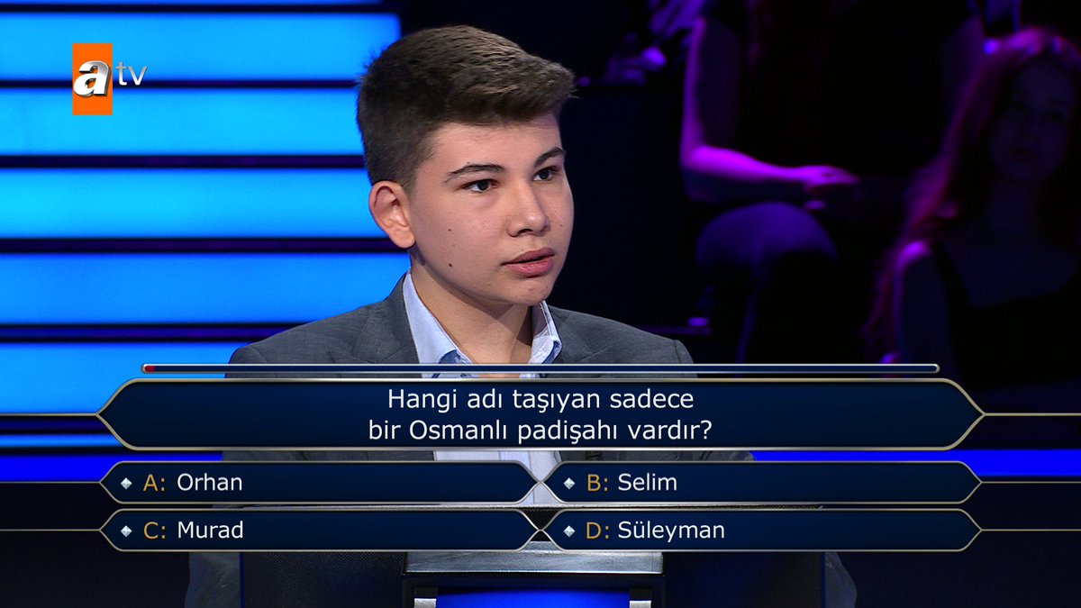 16 yaşındaki Mehmet Ensar Çalışan heyecanına yenik düştü. Hangi adı taşıyan sadece bir Osmanlı padişahı vardır? #Milyoner