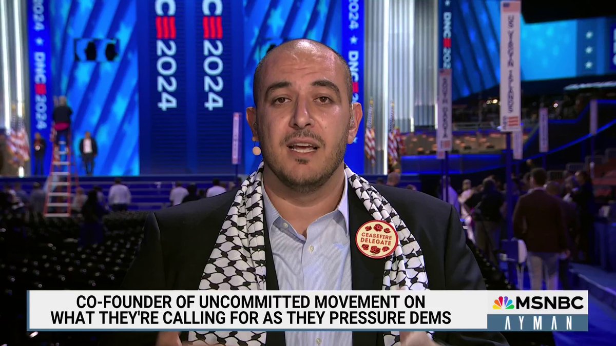"Uncommitted voters want to support Vice President Harris but need her to support a policy that stops sending weapons to the Israeli military that is using those weapons to kill people we love." Uncommitted Movement co-founder @AZAlawieh on his message at the DNC.
