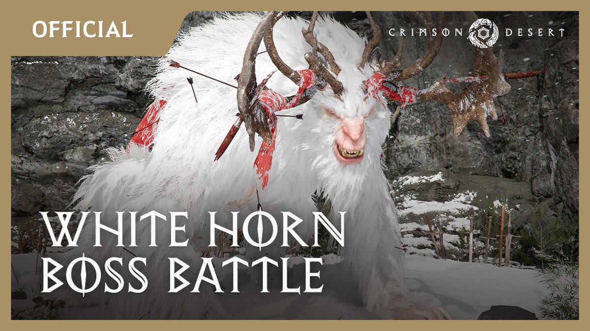 Watch Crimson Desert's boss battle gameplay footage featuring White Horn, the mountain spirit born from the blizzards of the White Mountains. #CrimsonDesert #gamescom