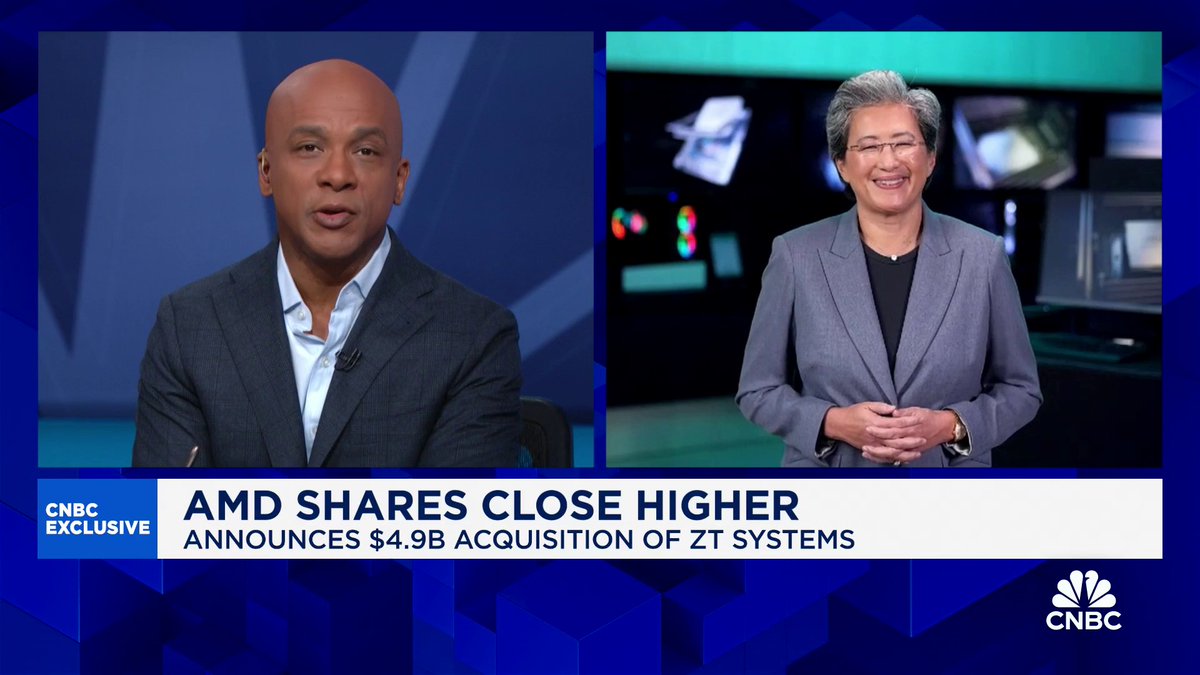 Shares of AMD popped more than 4% after announcing a nearly $5B acquisition of ZT Systems. Lisa Su, AMD's CEO tells @JonFortt why this acquisition is an exciting opportunity.