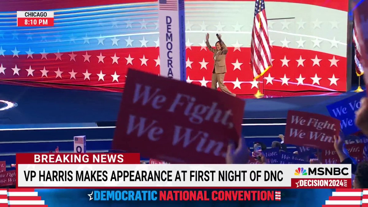 BREAKING: VP Kamala Harris makes a surprise appearance on stage at the first night of the DNC