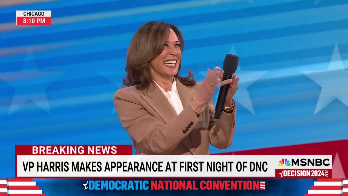 VP Kamala Harris makes a surprise appearance on the first night of the DNC. Her full comments here.