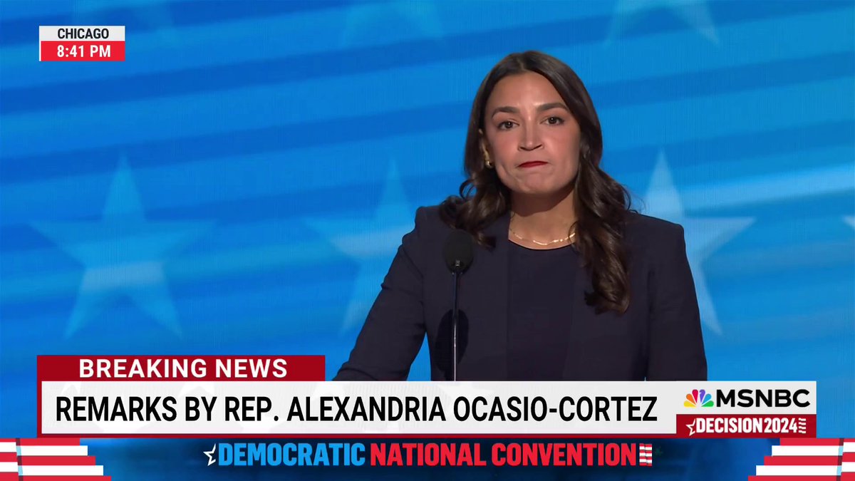Rep. Alexandria Ocasio-Cortez at the DNC. “I, for one, am tired of hearing about how a two bit union buster thinks of himself as more of a patriot than the woman who fights every single day to lift working people out from under the boots of greed trampling on our way of life.”