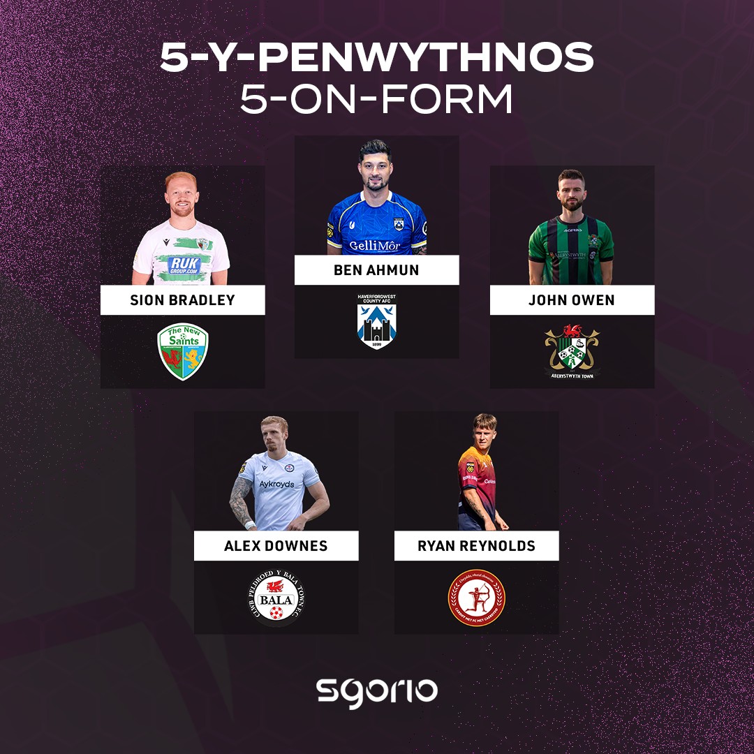 5-y-penwythnos | 5-on-form 🔥 Alex Downes - Bala Town FC Ryan Reynolds - Cardiff Met Football Club John Owen - CPD Tref Aberystwyth Town FC Sion Bradley - The New Saints FC Ben Ahmun - Haverfordwest County AFC 🏴 #JDCymruPremier | JD Cymru Leagues 🏴