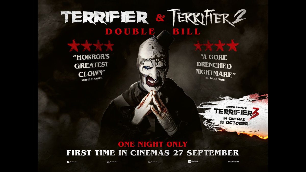 For the first time in 🇬🇧 &amp; 🇮🇪 cinemas. One night only 27 September. Damien Leone's Terrifier &amp; Terrifier 2 Double Bill. Let us know where you'd like to experience #Terrifier on the big screen