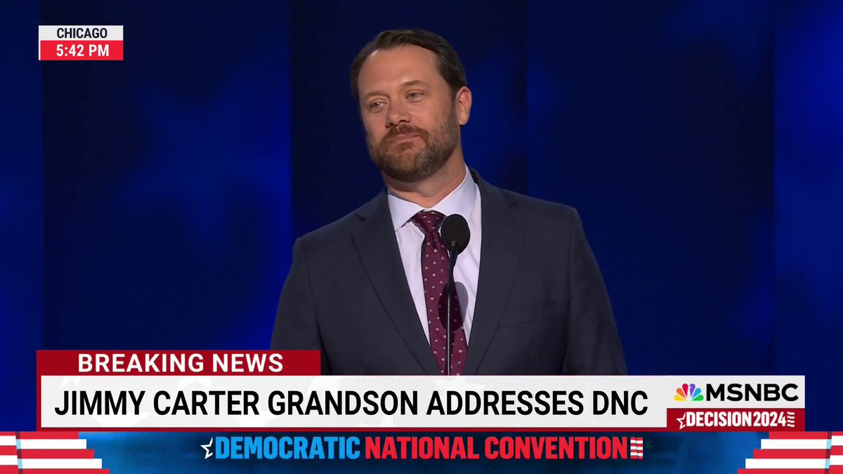 "Kamala Harris carries my grandfather's legacy. ... My grandfather can't wait to vote for Kamala Harris." Jason Carter, grandson of former President Jimmy Carter, speaks at the DNC.