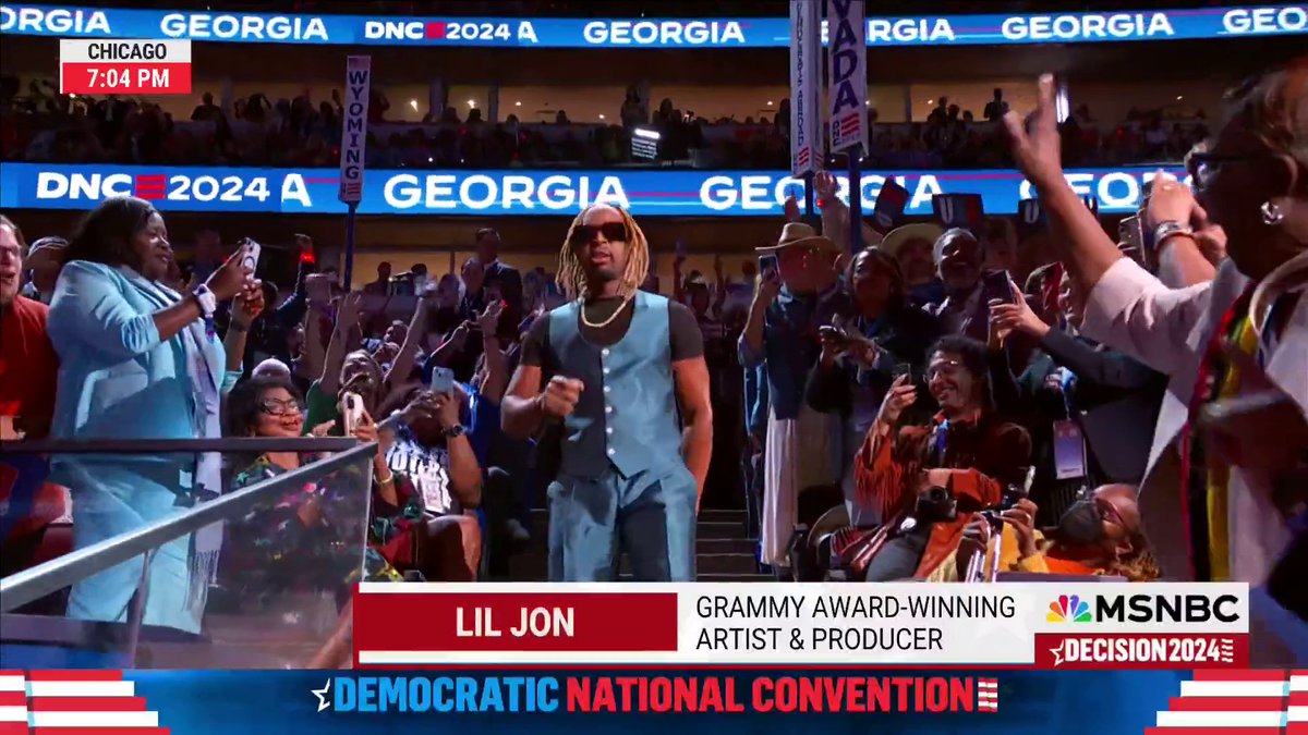 Atlanta rapper and producer Lil Jon makes a surprise appearance at the DNC performing “Turn Down for What" during the Georgia delegation's roll call vote.