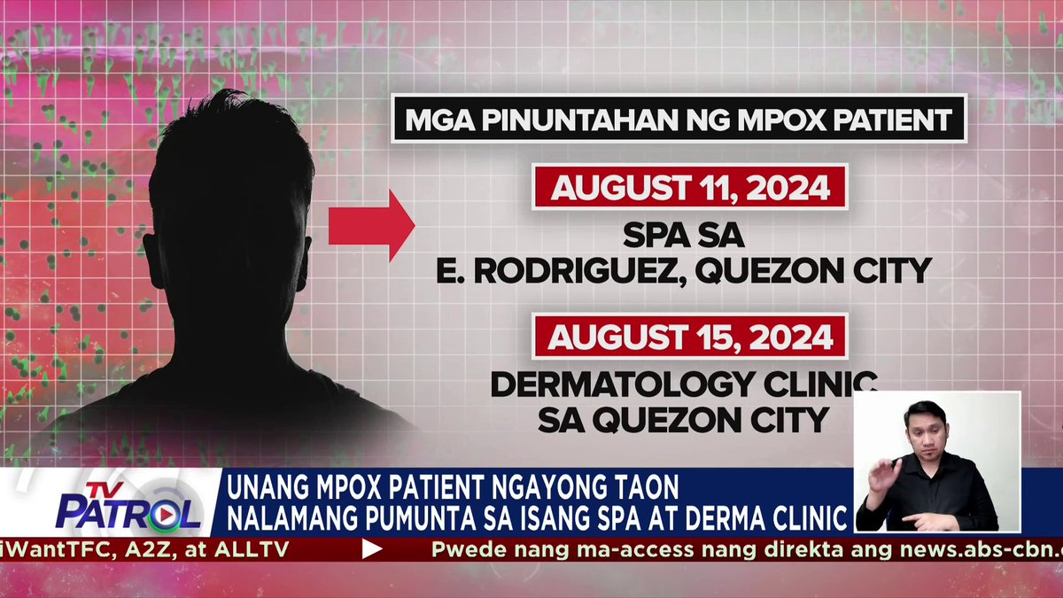 Quick timeline of Mpox patient movement: August 8: Onset of fever August 11: Visit to massage spa in QC August 15: Consultation with dermatologist August 18: Results of PCR for Mpox released Recap of the full story in my TV Patrol report tonight.