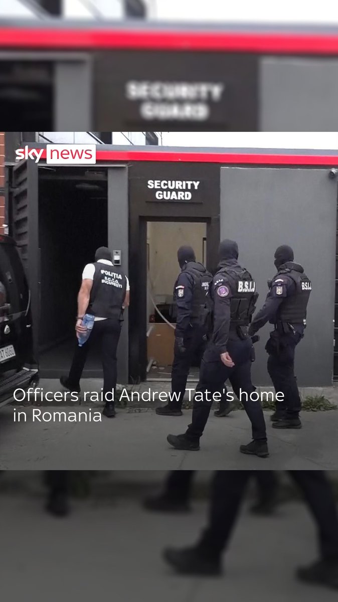 Officers raid Andrew Tate's home in #Romania. The internet influencer is awaiting trial on charges of human trafficking, rape and forming a criminal gang to sexually exploit women. He denies the charges.