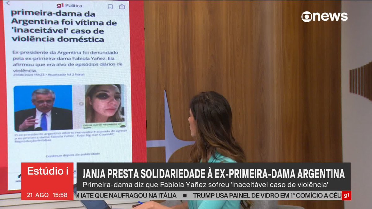 A primeira-dama do Brasil, Janja da Silva, disse que a ex-primeira-dama da Argentina Fabiola Yañez foi vítima de “inaceitável caso de violência doméstica”. Saiba mais no blog da Andréia Sadi: ➡ Assista ao #Estúdioi: #GloboNews