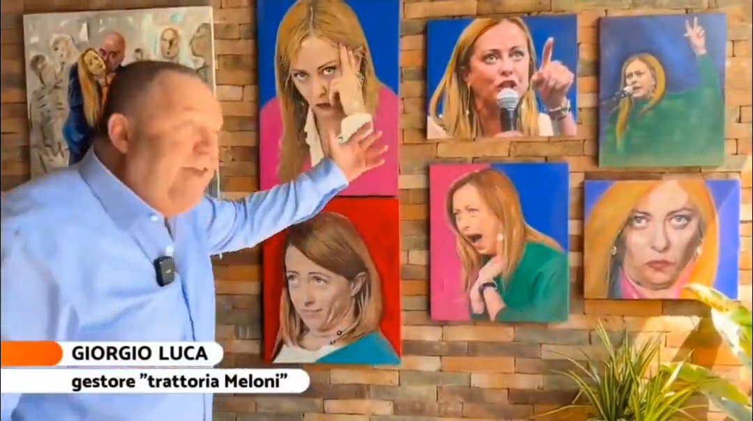 "Benvenuti in Trattoria Meloni" Il servizio del Tg4 sul ristorante albanese dedicato alla Presidente e disseminato di quadri con le sue facce