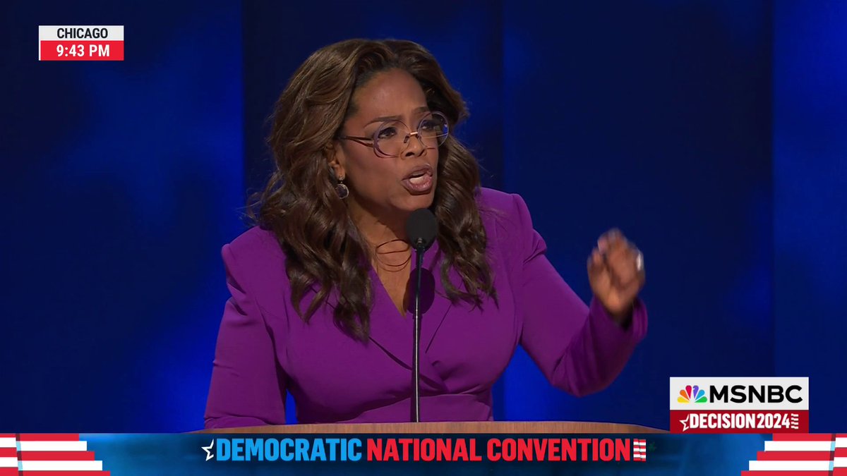 Oprah calls on “the best of America” to make the choice for Kamala Harris. “We won’t go back. We won’t be set back. Pushed back. Bullied back. Kicked back. We’re not going back.”