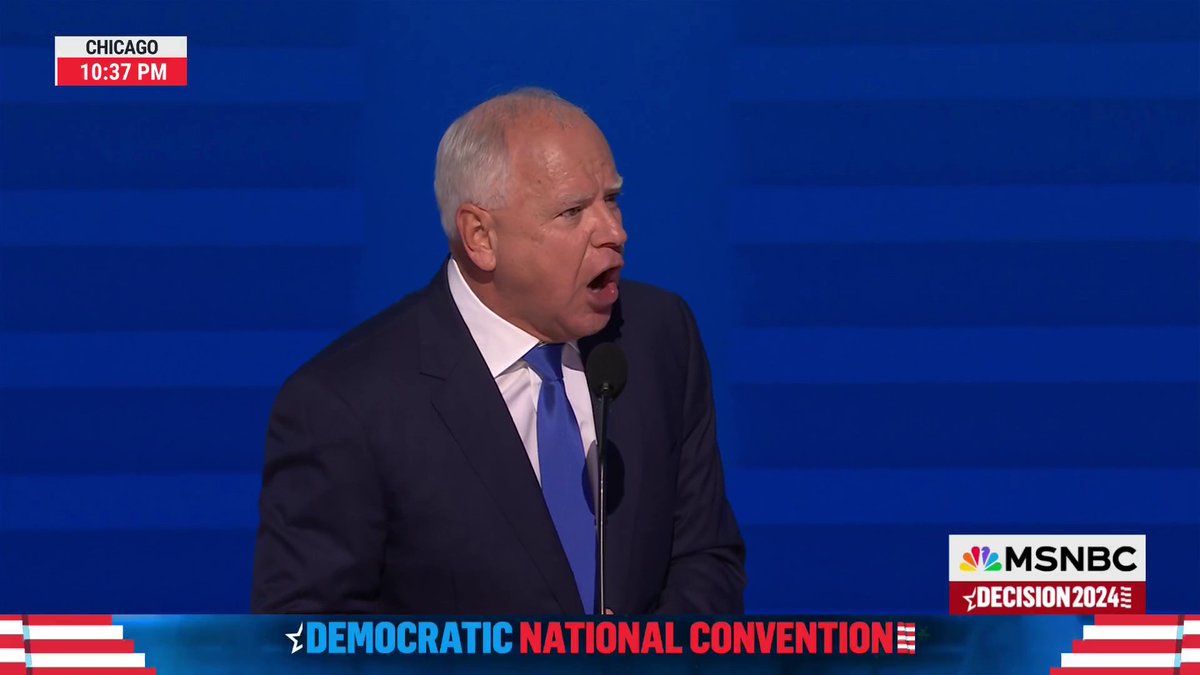 “We’re down a field goal. But we’re on offense and we’ve got the ball. We’re driving down the field. And, boy, do we have the right team. Kamala Harris is tough. Kamala Harris is experienced and Kamala Harris is ready.” -Gov. Walz at the DNC