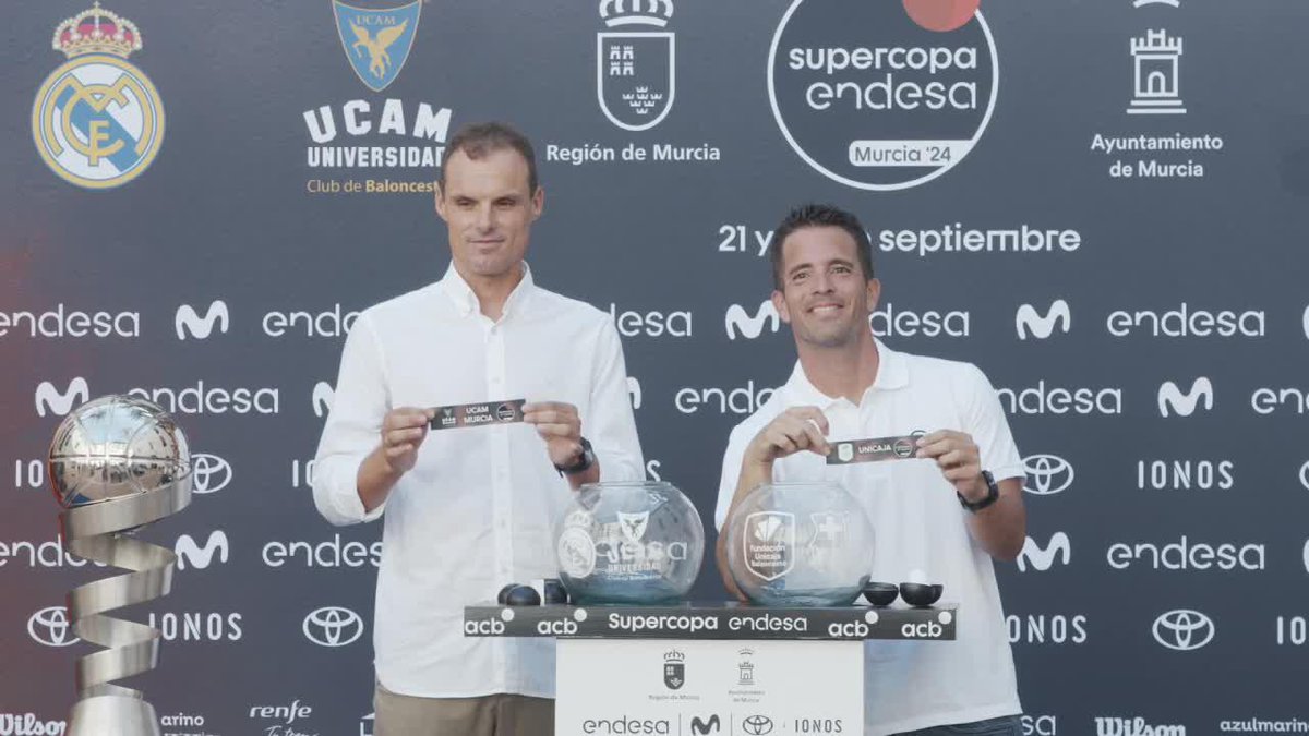👀 ¡Así ha sido el momento en el que han salido los emparejamientos de la #SupercopaEndesa Murcia 2024! Real Madrid Basket 🆚 Barça Basket 📆 21/09 ⏰ 18.30h UCAM Murcia 🆚 UnicajaCB 📆 21/09 ⏰ 21.30h ¡Muchas gracias a Luis Leon Sanchez y Kike Siscar🎾♿️!