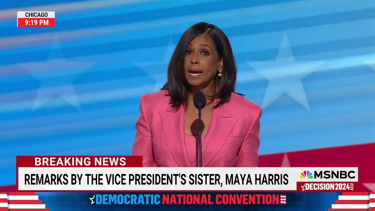 Maya Harris, Vice President Kamala Harris' sister, speaks at the DNC. "Where others push darkness, Kamala sees promise. Where others feel detachment, Kamala fosters connection. Where others want to drag us back to the past, my sister says 'hold up now, we are not going back.'"