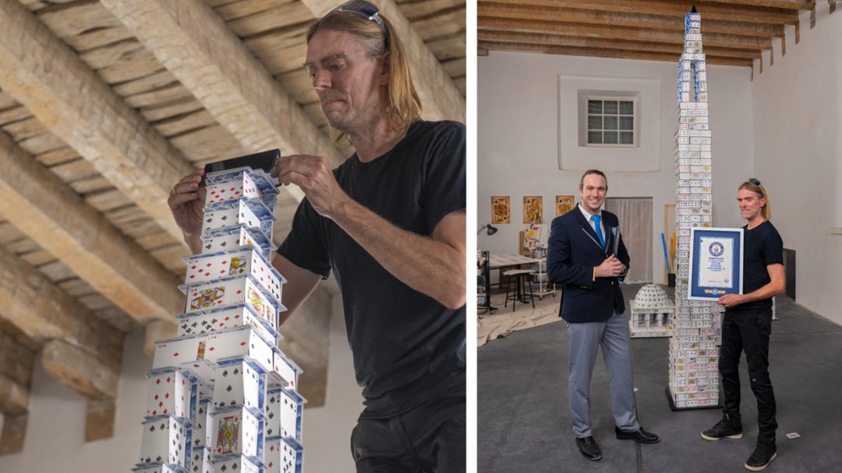 Tallest house of cards built in 8 hours. Congratulations to Bryan Berg on his new record and for completing HONOR's challenge to test just how light &amp; thin their HONOR MagicV3 is 📱 #HONORMagicV3 #UnfoldYourMagic #HONORIFA2024 #ad