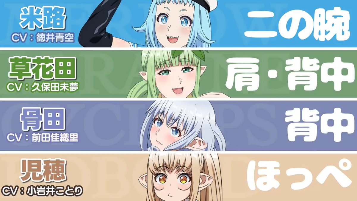 ╭━━━━━━━━━━╮ 上半身が気になっている ╰━━━━ｖ━━━━━╯ ✨キャラクターPV公開✨ 🧜‍♀️米路(CV.徳井青空)▶︎二の腕 🪷草花田(CV.久保田未夢)▶︎肩・背中 🦴骨田(CV.前田佳織里)▶︎背中 👶児穂(CV.小岩井ことり)▶︎ほっぺ