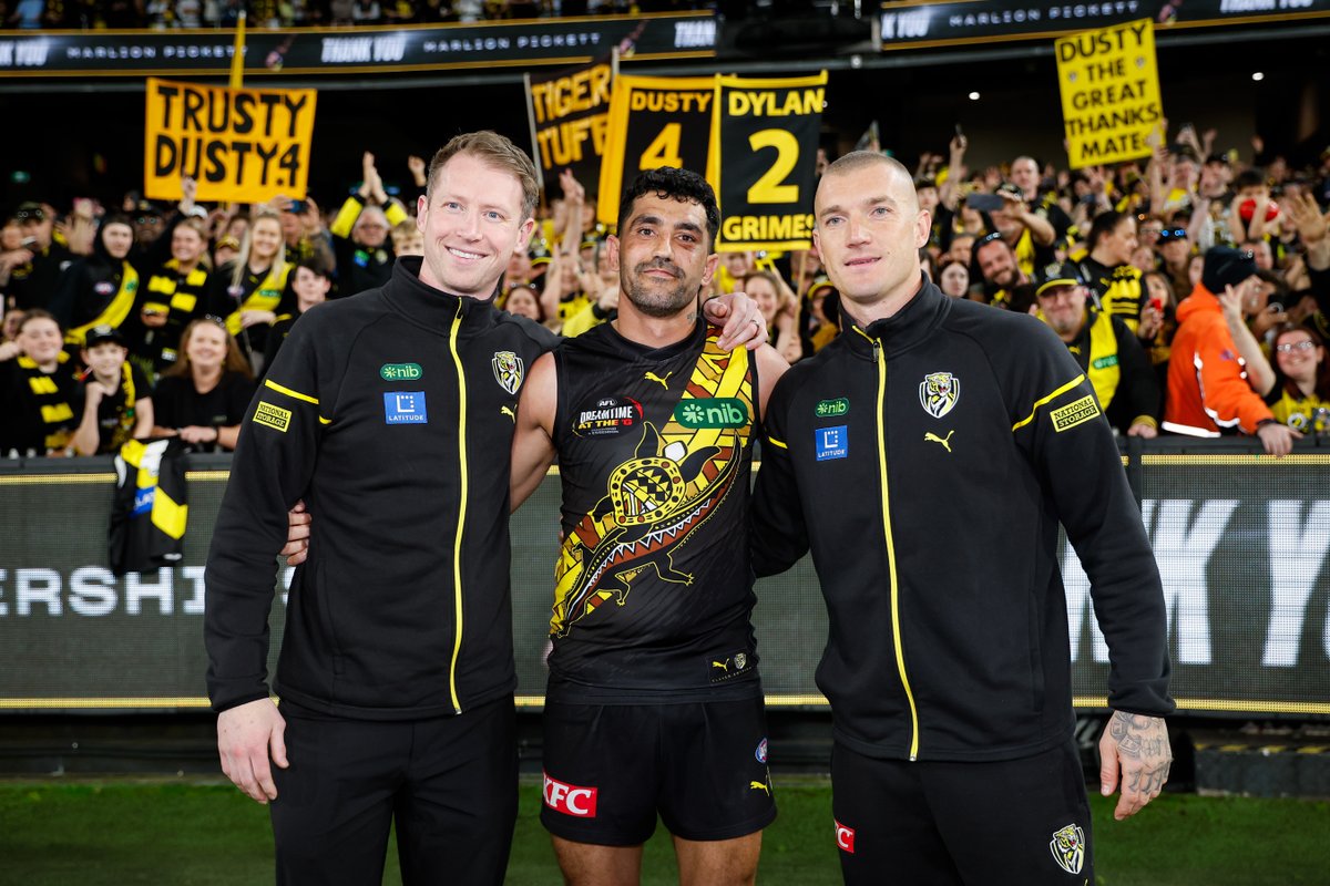 Dusty, Dyl and Marlion walk off the Melbourne Cricket Ground for the final time ๐ #AFLTigersSuns | #gotiges